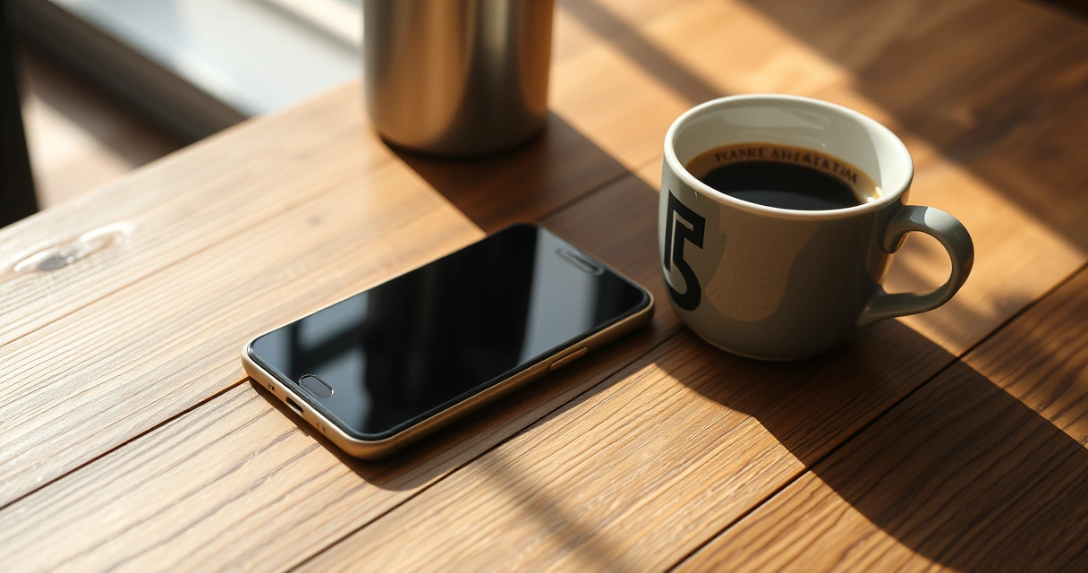 Celular sobre uma mesa de madeira, ao lado de uma xícara de café