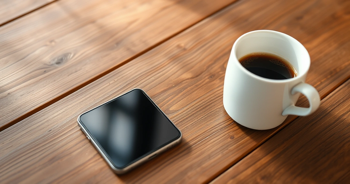 Celular sobre uma mesa de madeira, ao lado de uma xícara de café