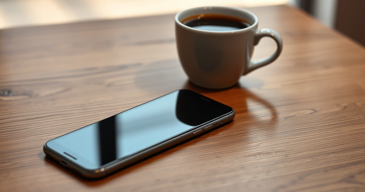 Celular sobre uma mesa de madeira, ao lado de uma xícara de café