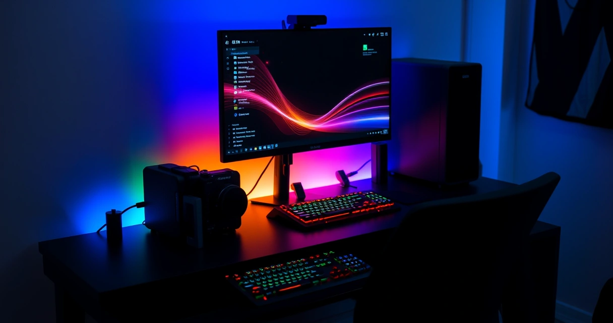 Mesa de jogo com monitor, teclado e iluminação colorida
