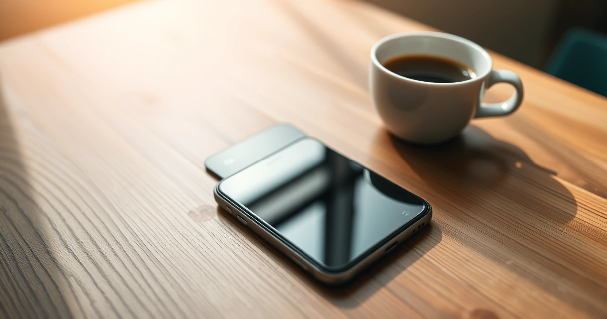 Celular sobre uma mesa de madeira, ao lado de uma xícara de café