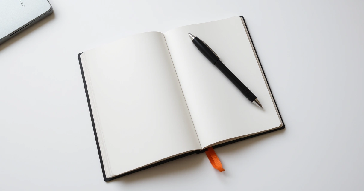 Caderno aberto e caneta sobre a mesa, em tons neutros