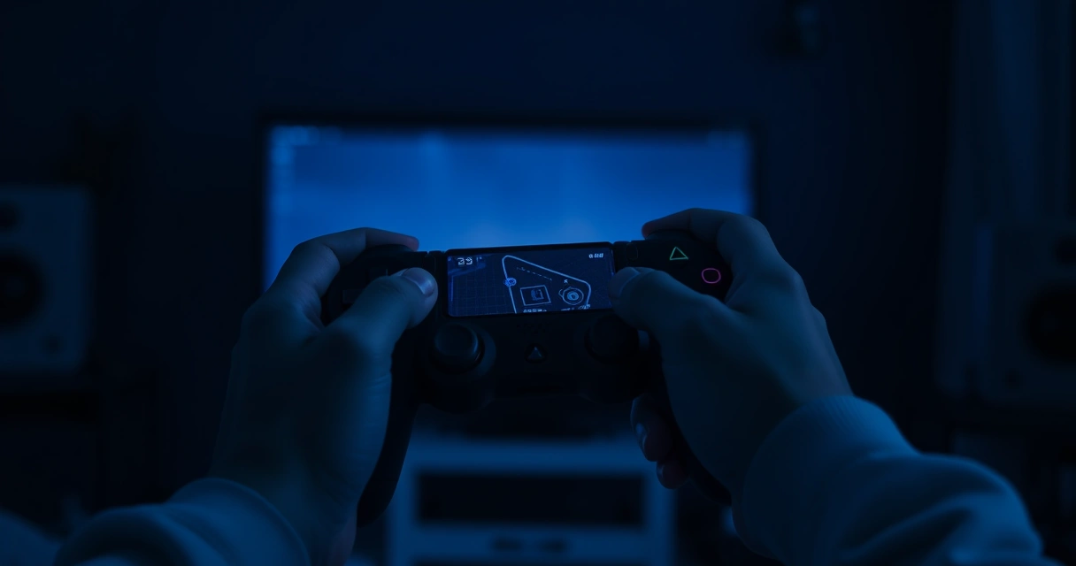 Mãos segurando um controle de videogame num ambiente escuro