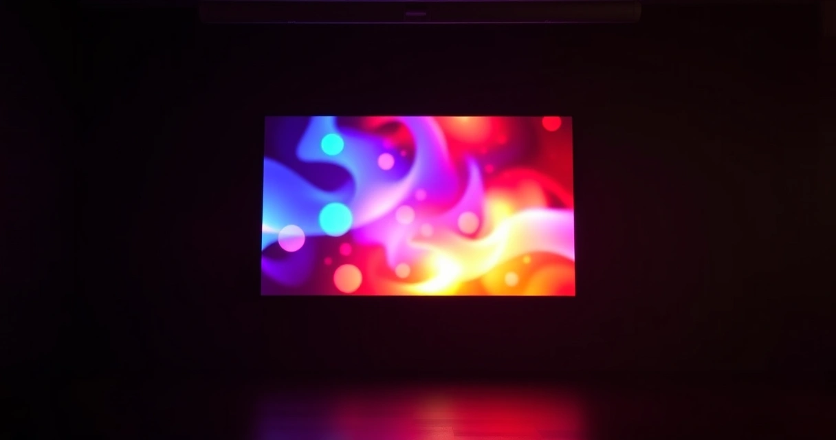 Monitor grande aceso num quarto escuro, com luz colorida