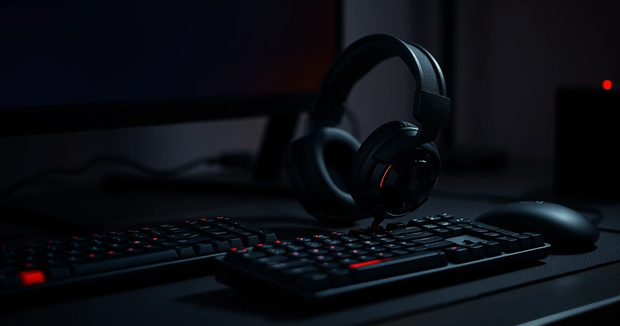 Headset gamer sobre a mesa, ao lado do teclado