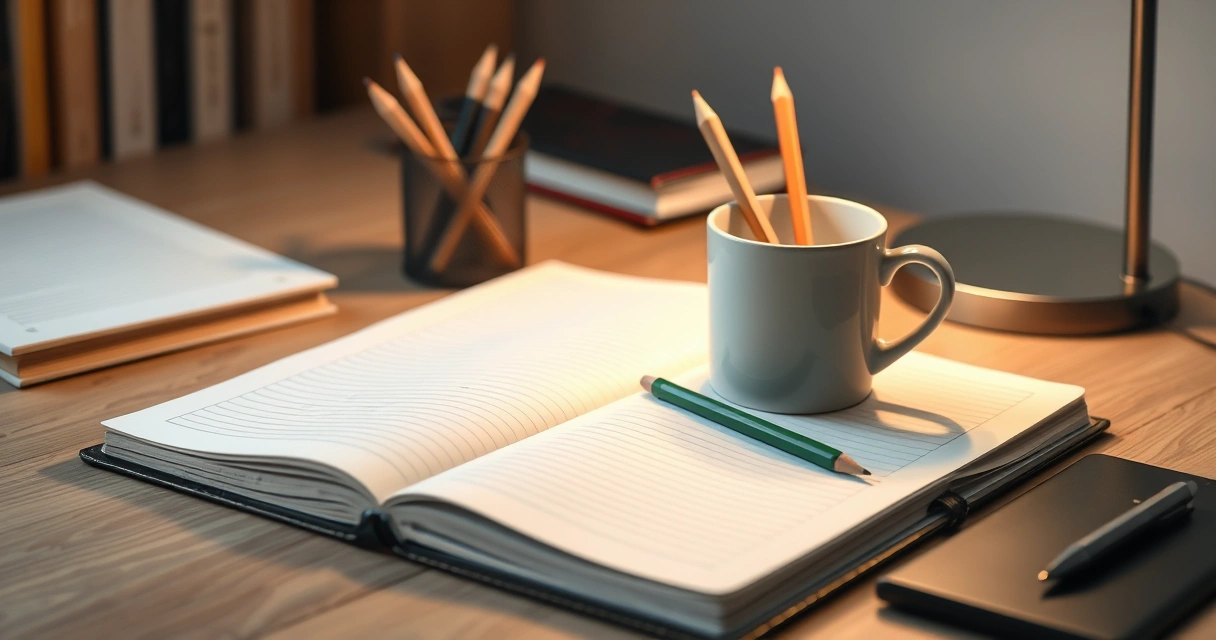 Caderno aberto, lápis e uma caneca sobre a mesa de estudo
