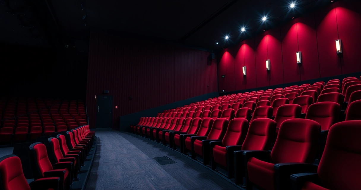 Sala de cinema vazia, com poltronas vermelhas e luz baixa