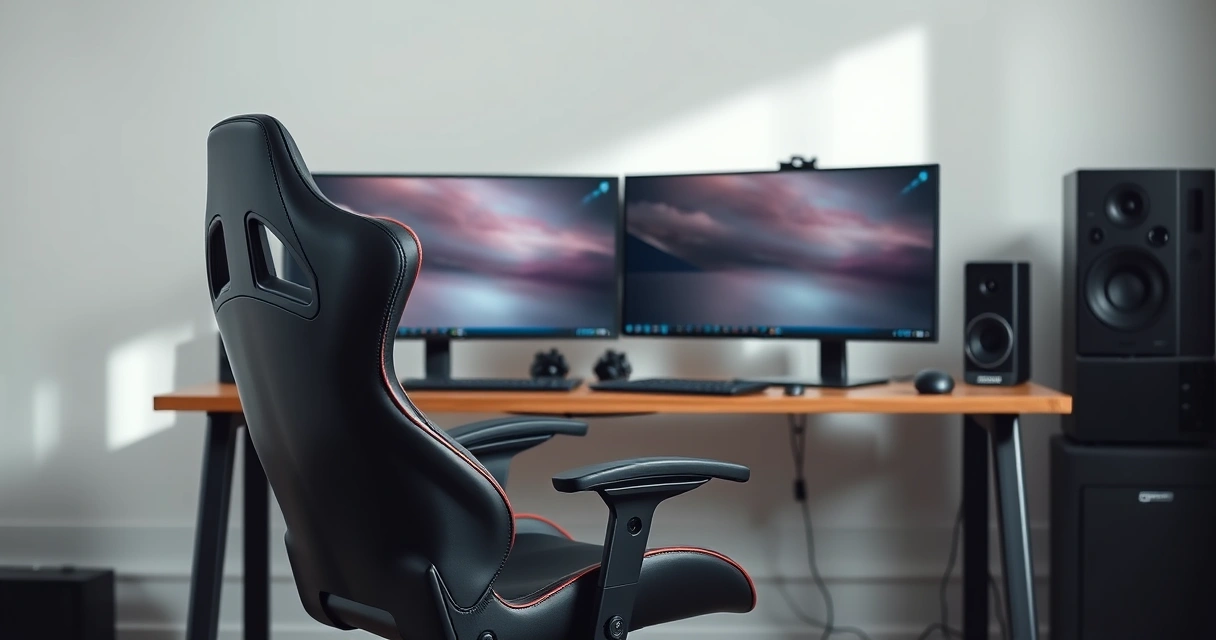 Cadeira gamer diante de uma mesa com dois monitores