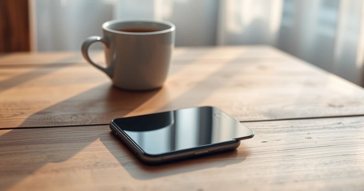 Celular sobre uma mesa de madeira, ao lado de uma xícara de café