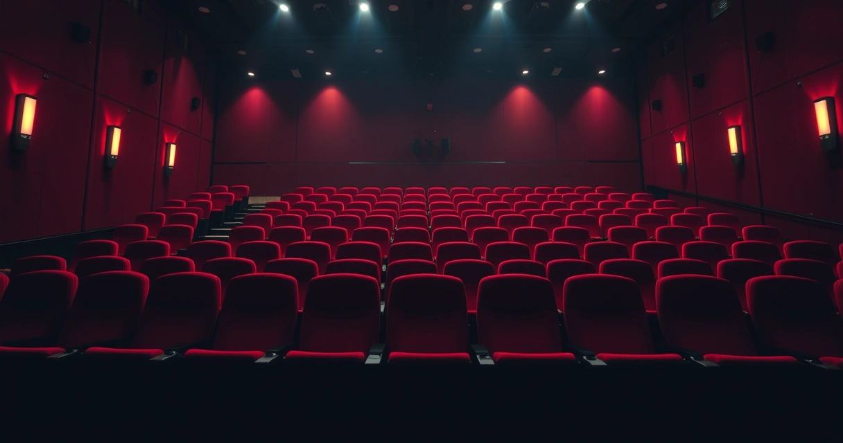 Sala de cinema vazia, com poltronas vermelhas e luz baixa