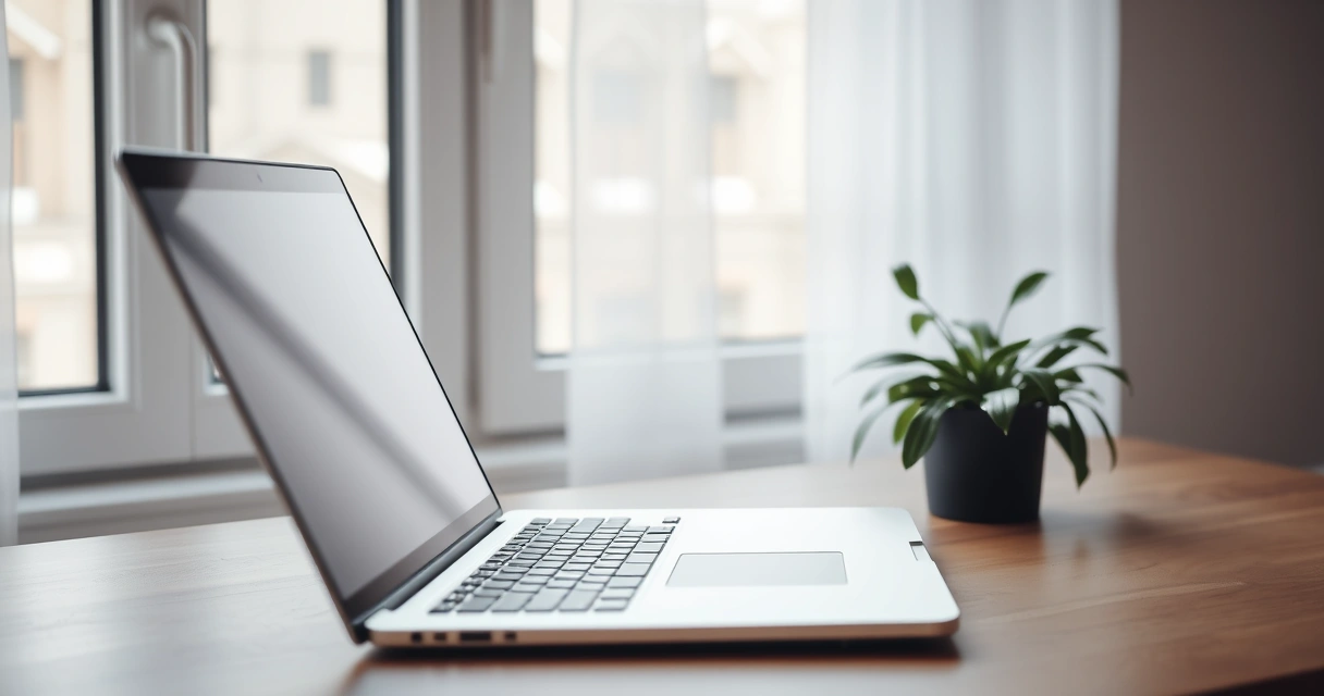 Notebook aberto sobre a mesa, com uma planta ao lado