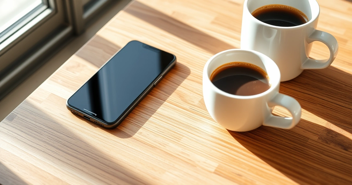 Celular sobre uma mesa de madeira, ao lado de uma xícara de café