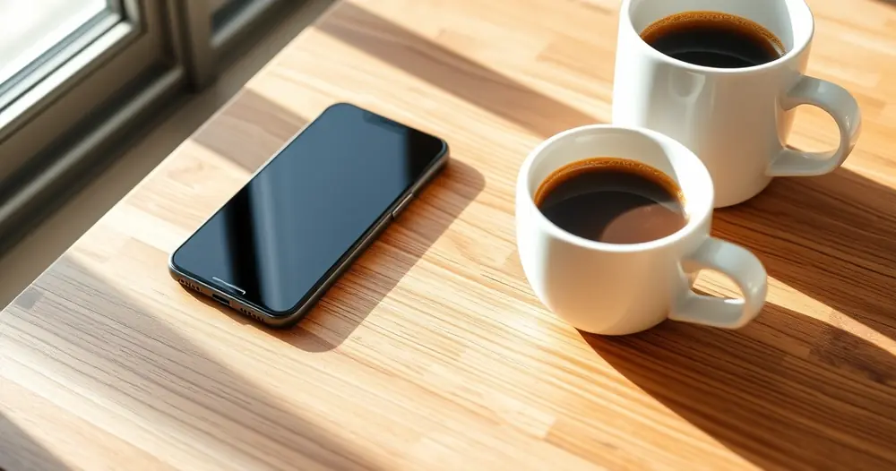 Celular sobre uma mesa de madeira, ao lado de uma xícara de café