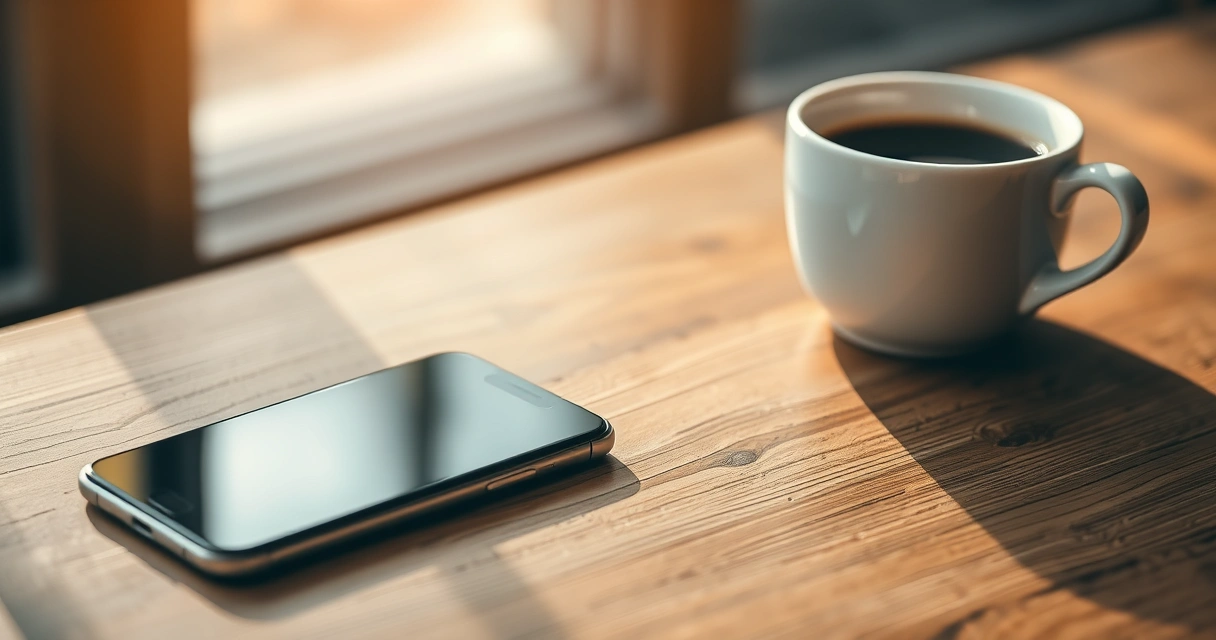Celular sobre uma mesa de madeira, ao lado de uma xícara de café
