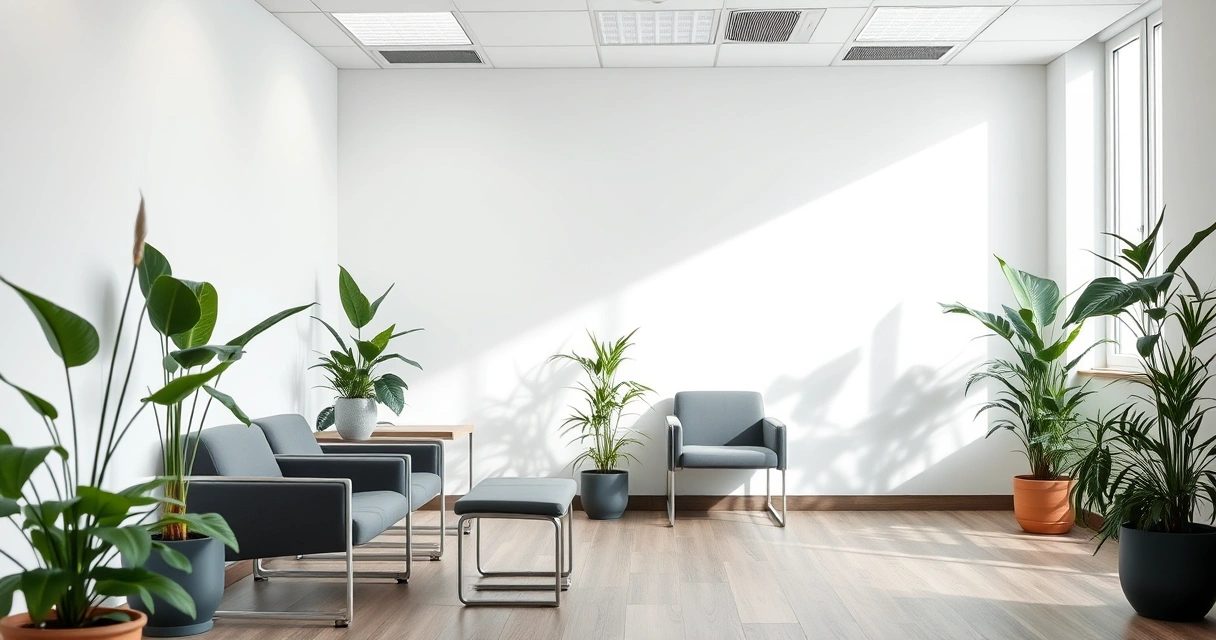Sala de espera de consultório, com plantas e luz suave