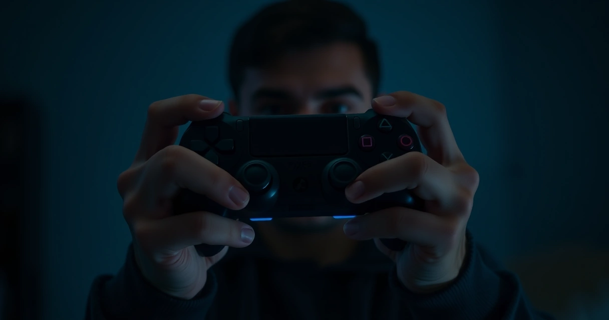 Mãos segurando um controle de videogame, com o brilho da tela ao fundo