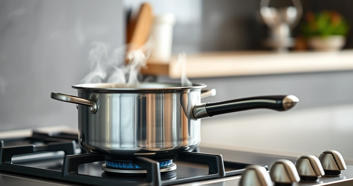 Panela sobre o fogão, com vapor subindo, e a bancada desfocada ao fundo