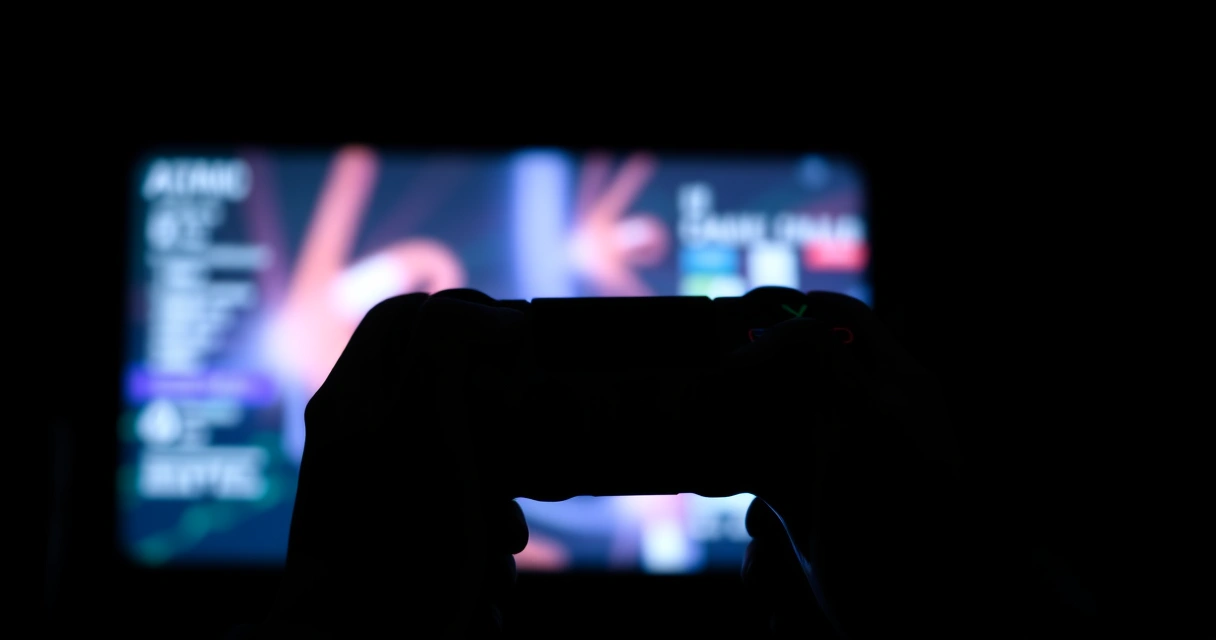 Mãos segurando um controle de videogame num ambiente escuro