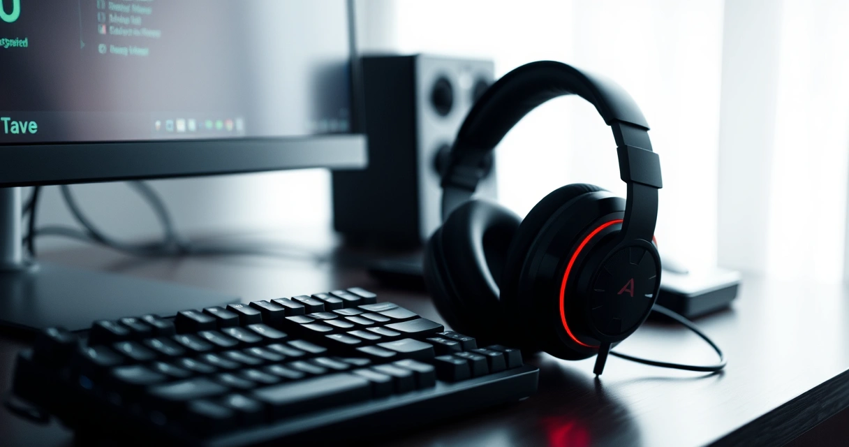 Headset gamer sobre a mesa, ao lado do teclado