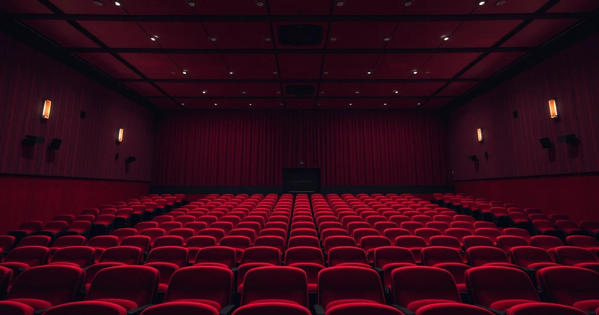 Sala de cinema vazia, com poltronas vermelhas e luz baixa