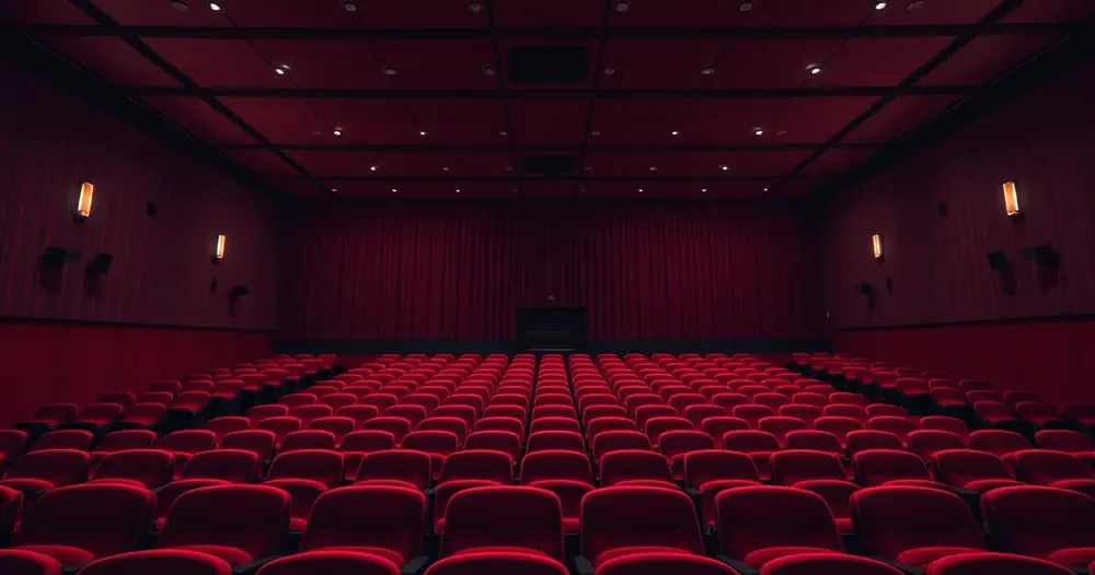 Sala de cinema vazia, com poltronas vermelhas e luz baixa