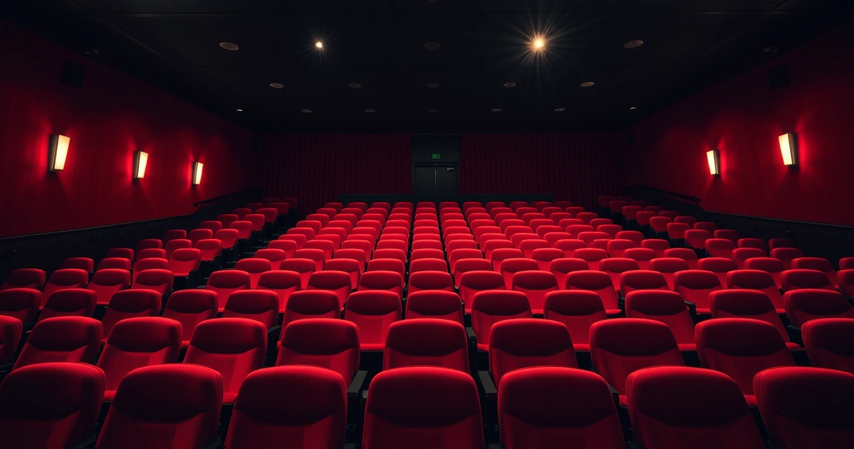 Sala de cinema vazia, com poltronas vermelhas e luz baixa