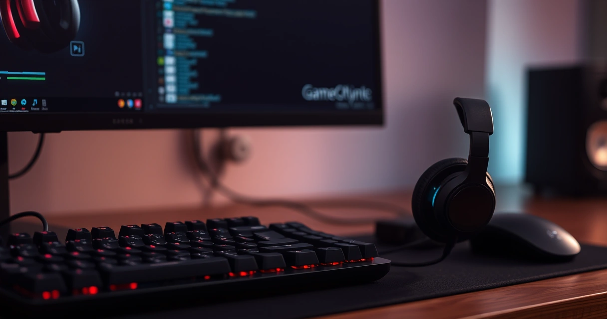 Headset gamer sobre a mesa, ao lado do teclado
