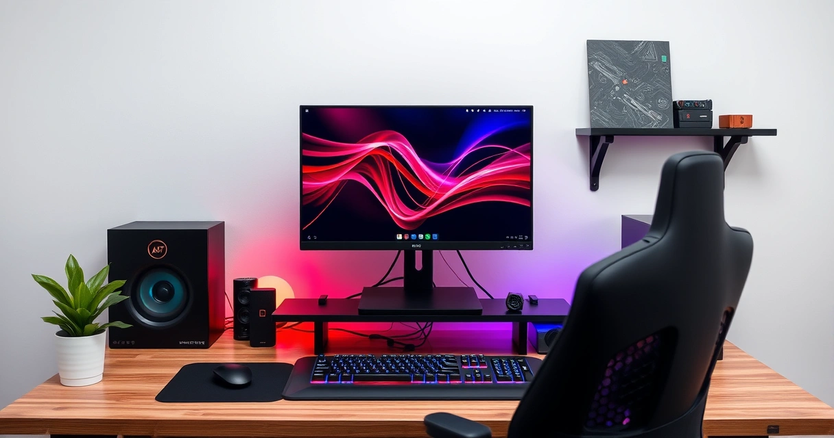 Mesa de jogo com monitor, teclado e iluminação colorida