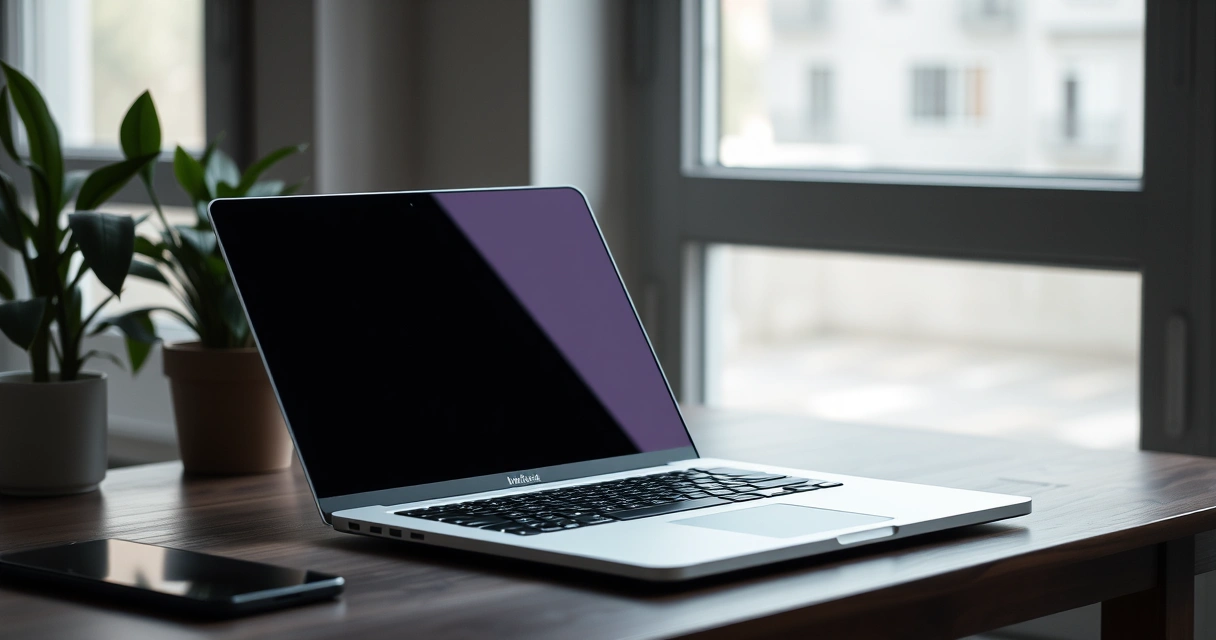 Notebook aberto sobre a mesa, com uma planta ao lado