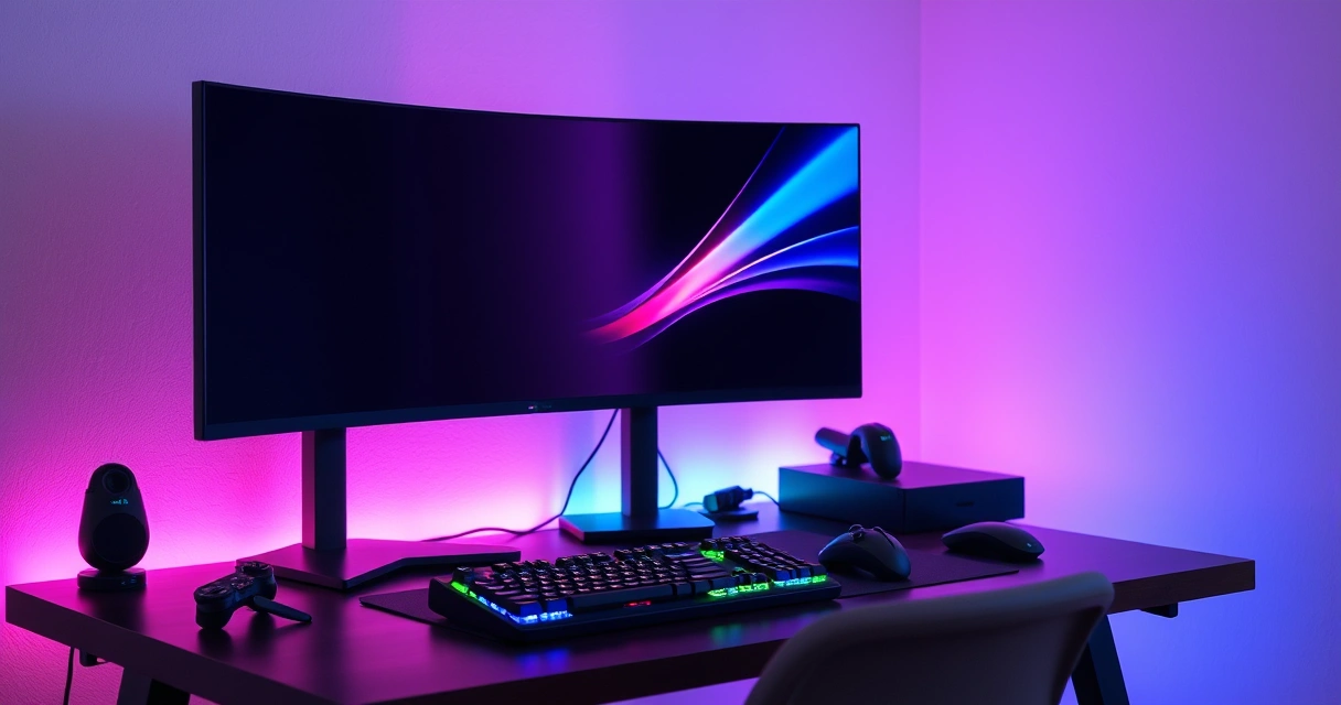 Mesa de jogo com monitor, teclado e iluminação colorida