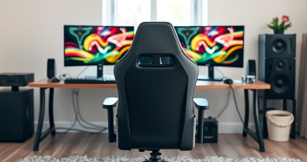 Cadeira gamer diante de uma mesa com dois monitores