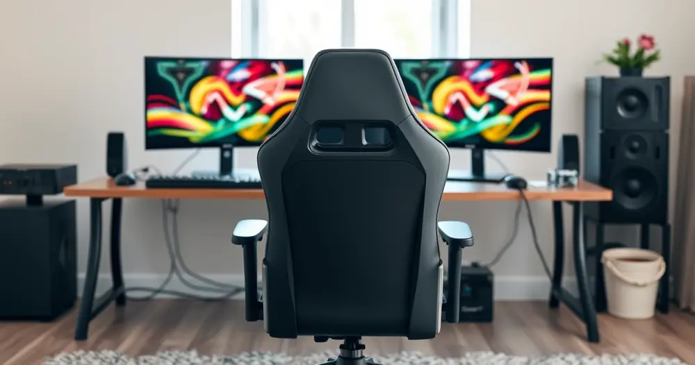 Cadeira gamer diante de uma mesa com dois monitores