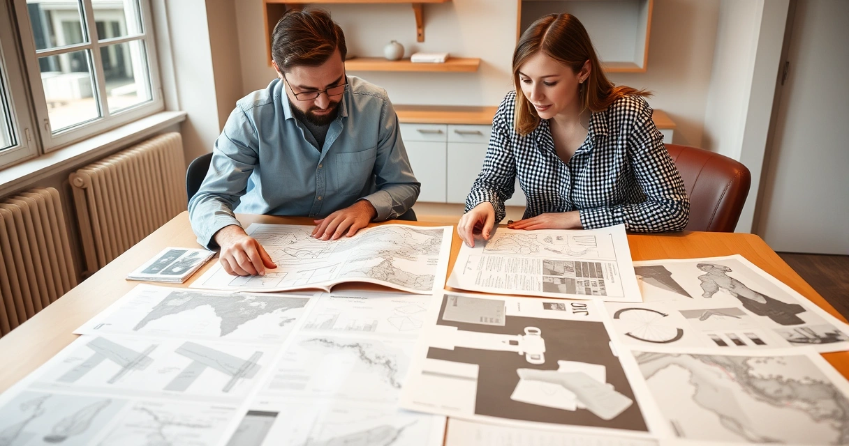 Duas pessoas analisando layouts impressos sobre uma mesa grande