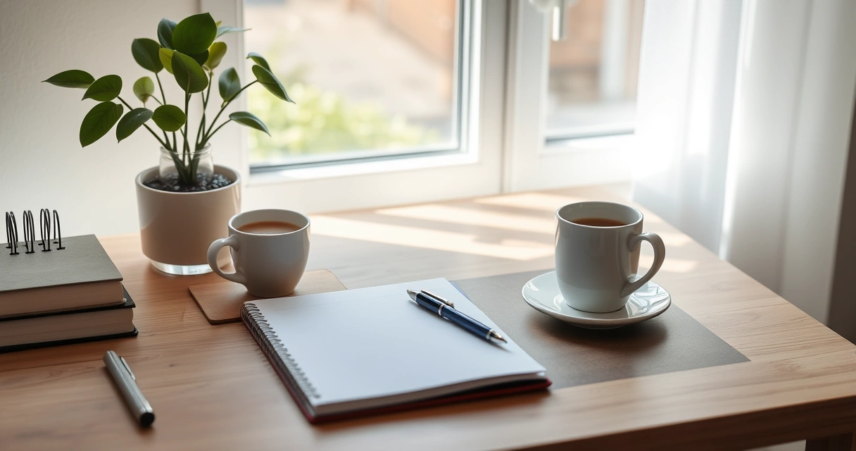 Escrivaninha organizada com caderno, caneta e xícara de café