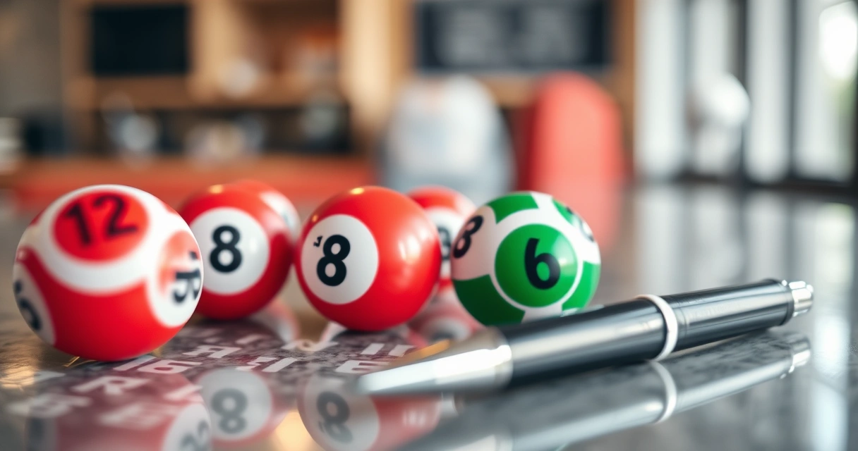 Bolas de sorteio e uma caneta sobre um balcão
