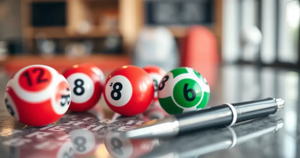 Bolas de sorteio e uma caneta sobre um balcão