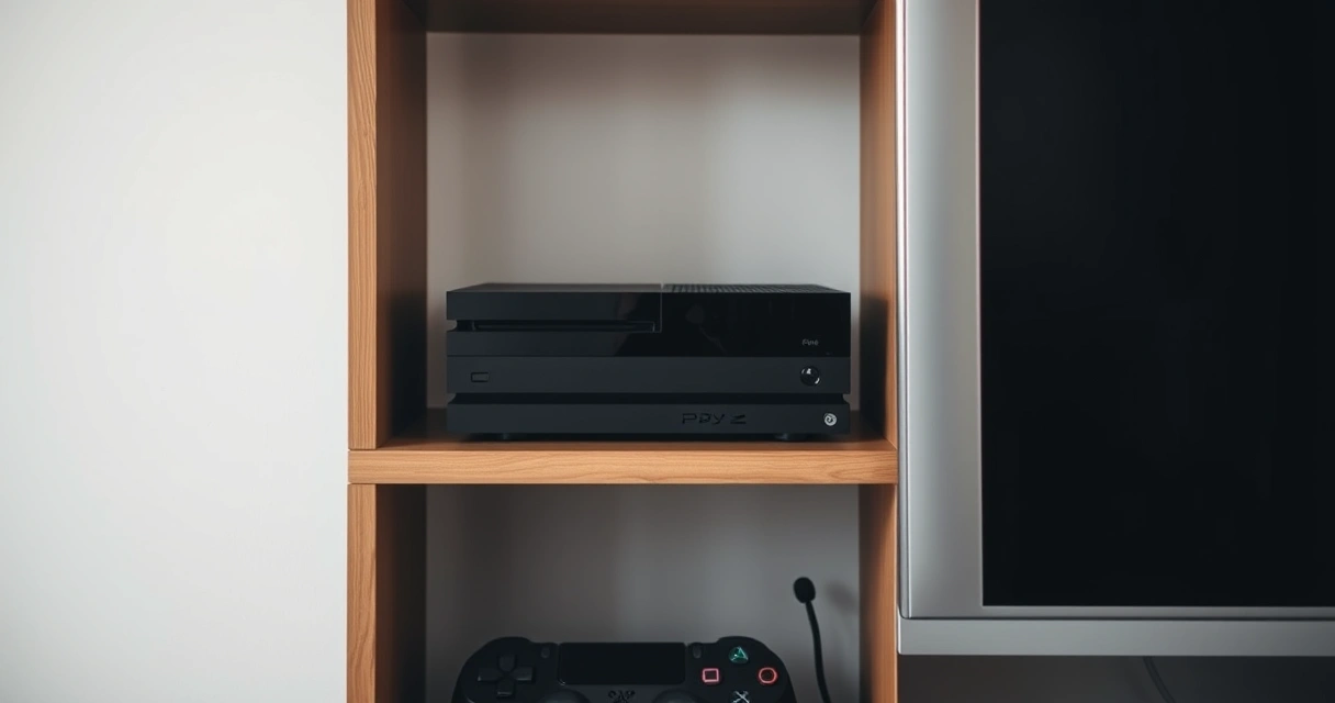 Console de videogame numa estante, ao lado da televisão