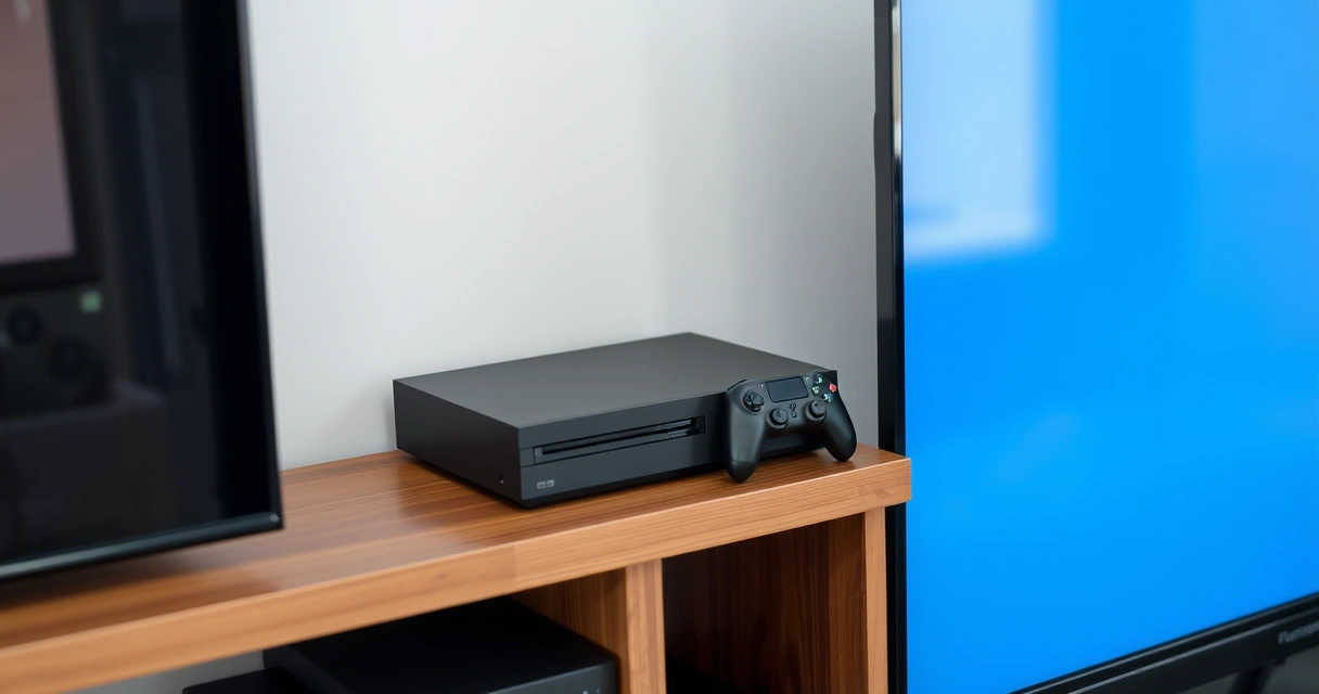 Console de videogame numa estante, ao lado da televisão