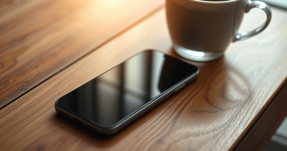 Celular sobre uma mesa de madeira, ao lado de uma xícara de café
