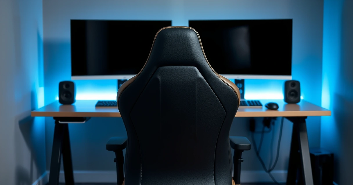 Cadeira gamer diante de uma mesa com dois monitores