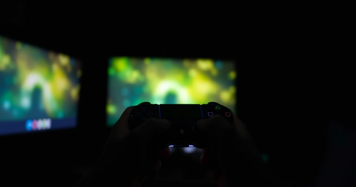 Mãos segurando um controle de videogame num ambiente escuro
