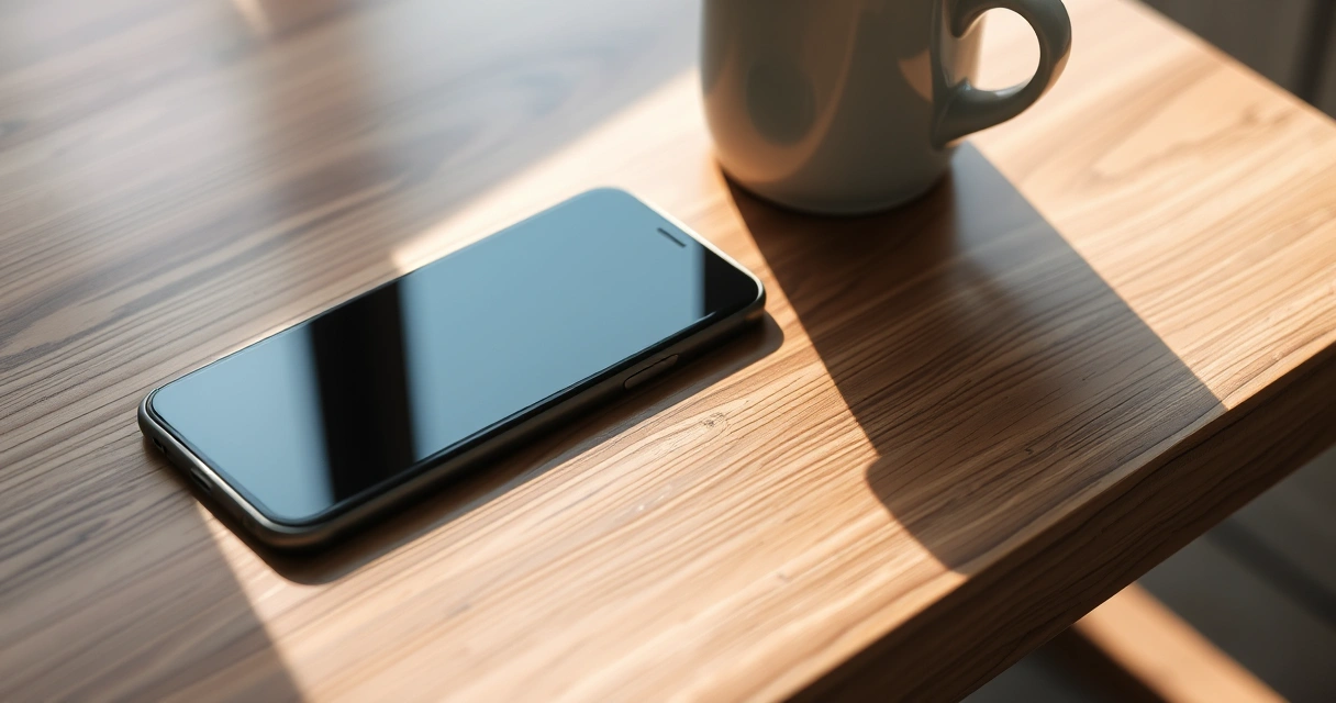 Celular sobre uma mesa de madeira, ao lado de uma xícara de café