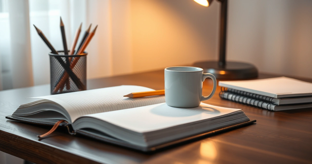 Caderno aberto, lápis e uma caneca sobre a mesa de estudo
