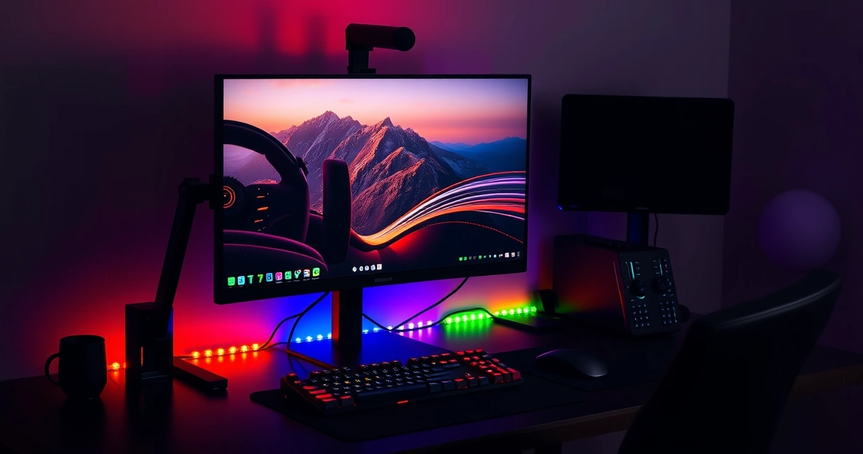 Mesa de jogo com monitor, teclado e iluminação colorida