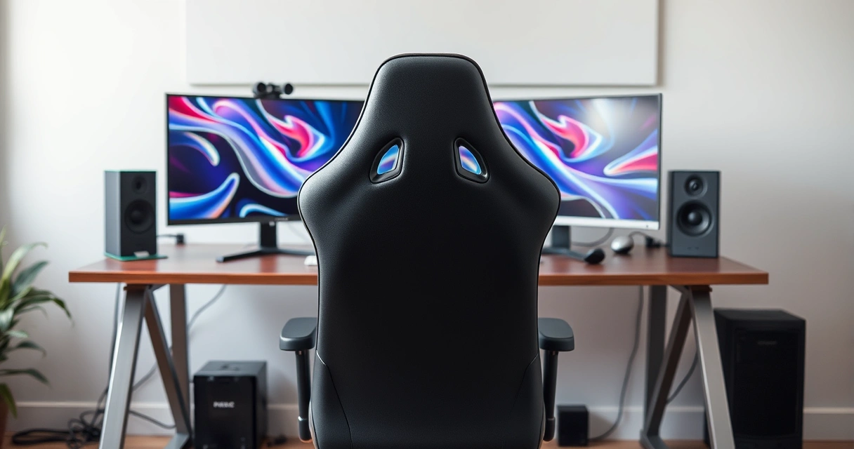 Cadeira gamer diante de uma mesa com dois monitores