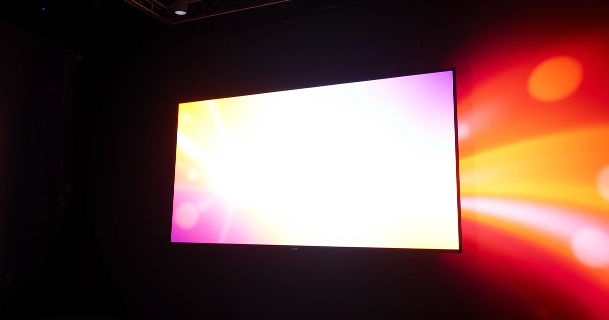 Monitor grande aceso num quarto escuro, com luz colorida