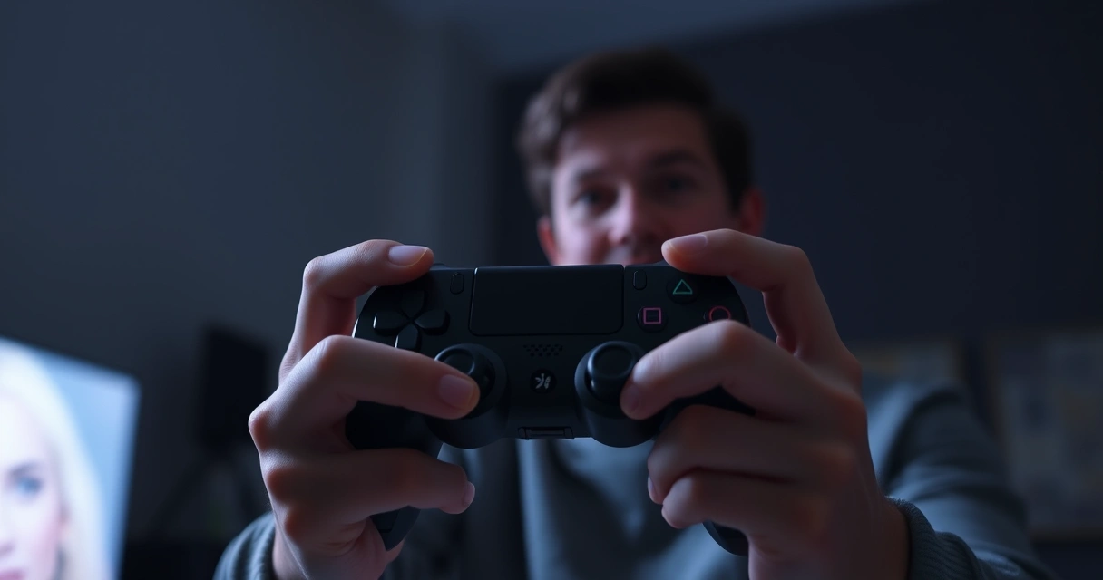 Mãos segurando um controle de videogame, com o brilho da tela ao fundo
