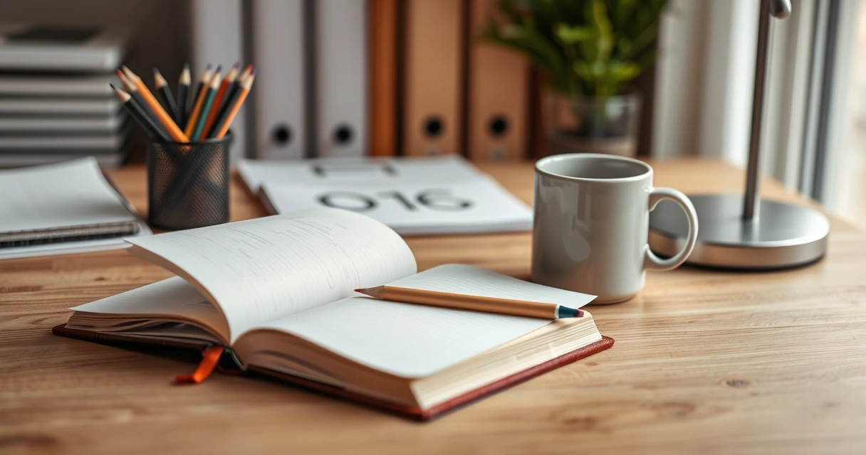 Caderno aberto, lápis e uma caneca sobre a mesa de estudo