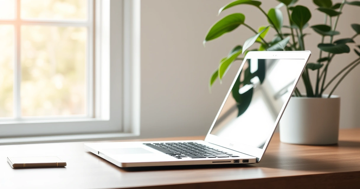 Notebook aberto sobre a mesa, com uma planta ao lado