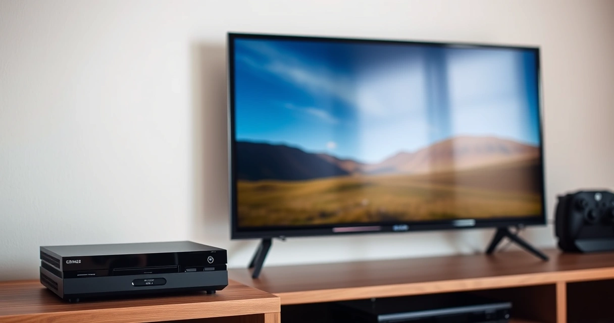 Console de videogame numa estante, ao lado da televisão
